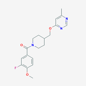 molecular formula C19H22FN3O3 B2961860 (3-Fluoro-4-methoxyphenyl)(4-(((6-methylpyrimidin-4-yl)oxy)methyl)piperidin-1-yl)methanone CAS No. 2309572-73-2