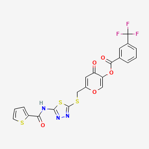 molecular formula C21H12F3N3O5S3 B2961885 4-oxo-6-(((5-(thiophene-2-carboxamido)-1,3,4-thiadiazol-2-yl)thio)methyl)-4H-pyran-3-yl 3-(trifluoromethyl)benzoate CAS No. 877643-42-0