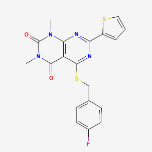 molecular formula C19H15FN4O2S2 B2961931 5-((4-fluorobenzyl)thio)-1,3-dimethyl-7-(thiophen-2-yl)pyrimido[4,5-d]pyrimidine-2,4(1H,3H)-dione CAS No. 847192-11-4