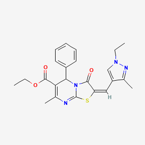 (E)-ethyl 2-((1-ethyl-3-methyl-1H-pyrazol-4-yl)methylene)-7-methyl-3-oxo-5-phenyl-3,5-dihydro-2H-thiazolo[3,2-a]pyrimidine-6-carboxylate