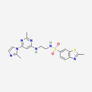 molecular formula C19H21N7O2S2 B2961975 2-甲基-N-(2-((2-甲基-6-(2-甲基-1H-咪唑-1-基)嘧啶-4-基)氨基)乙基)苯并[d]噻唑-6-磺酰胺 CAS No. 1251561-81-5
