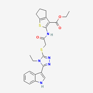 molecular formula C24H25N5O3S2 B2961984 乙基 2-(2-((4-乙基-5-(1H-吲哚-3-基)-4H-1,2,4-三唑-3-基)硫代)乙酰胺基)-5,6-二氢-4H-环戊并[b]噻吩-3-羧酸酯 CAS No. 852144-21-9