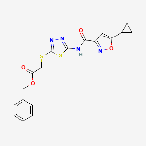 molecular formula C18H16N4O4S2 B2961990 Benzyl 2-((5-(5-cyclopropylisoxazole-3-carboxamido)-1,3,4-thiadiazol-2-yl)thio)acetate CAS No. 1351620-43-3