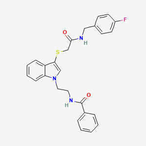 molecular formula C26H24FN3O2S B2962009 N-(2-(3-((2-((4-fluorobenzyl)amino)-2-oxoethyl)thio)-1H-indol-1-yl)ethyl)benzamide CAS No. 862826-42-4