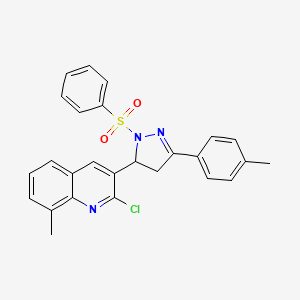 molecular formula C26H22ClN3O2S B2962023 3-[2-(Benzenesulfonyl)-5-(4-methylphenyl)-3,4-dihydropyrazol-3-yl]-2-chloro-8-methylquinoline CAS No. 379716-81-1