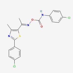 molecular formula C19H15Cl2N3O2S B2962066 5-({[(4-Chloroanilino)carbonyl]oxy}ethanimidoyl)-2-(4-chlorophenyl)-4-methyl-1,3-thiazole CAS No. 477872-51-8