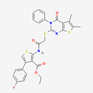 molecular formula C29H24FN3O4S3 B2962130 Ethyl 2-(2-((5,6-dimethyl-4-oxo-3-phenyl-3,4-dihydrothieno[2,3-d]pyrimidin-2-yl)thio)acetamido)-4-(4-fluorophenyl)thiophene-3-carboxylate CAS No. 500113-01-9