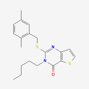 molecular formula C20H24N2OS2 B2962165 2-[(2,5-dimethylbenzyl)sulfanyl]-3-pentylthieno[3,2-d]pyrimidin-4(3H)-one CAS No. 1326932-50-6