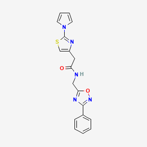 molecular formula C18H15N5O2S B2962176 2-(2-(1H-pyrrol-1-yl)thiazol-4-yl)-N-((3-phenyl-1,2,4-oxadiazol-5-yl)methyl)acetamide CAS No. 1203194-86-8