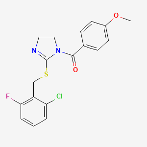 molecular formula C18H16ClFN2O2S B2962245 (2-((2-chloro-6-fluorobenzyl)thio)-4,5-dihydro-1H-imidazol-1-yl)(4-methoxyphenyl)methanone CAS No. 851802-76-1