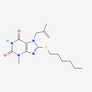 molecular formula C16H24N4O2S B2962249 8-Hexylsulfanyl-3-methyl-7-(2-methyl-allyl)-3,7-dihydro-purine-2,6-dione CAS No. 332098-62-1