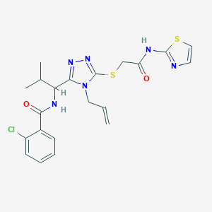 molecular formula C21H23ClN6O2S2 B296225 N-[1-(4-allyl-5-{[2-oxo-2-(1,3-thiazol-2-ylamino)ethyl]sulfanyl}-4H-1,2,4-triazol-3-yl)-2-methylpropyl]-2-chlorobenzamide 