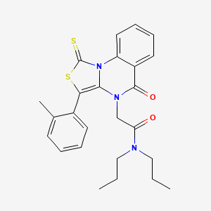 molecular formula C25H27N3O2S2 B2962267 2-[3-(2-methylphenyl)-5-oxo-1-sulfanylidene-[1,3]thiazolo[3,4-a]quinazolin-4-yl]-N,N-dipropylacetamide CAS No. 872197-64-3
