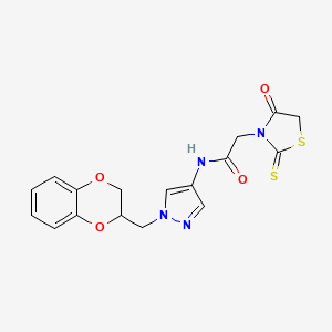 N-(1-((2,3-dihydrobenzo[b][1,4]dioxin-2-yl)methyl)-1H-pyrazol-4-yl)-2-(4-oxo-2-thioxothiazolidin-3-yl)acetamide