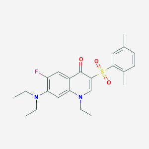 molecular formula C23H27FN2O3S B2962381 7-(diethylamino)-3-((2,5-dimethylphenyl)sulfonyl)-1-ethyl-6-fluoroquinolin-4(1H)-one CAS No. 892780-79-9