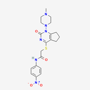 molecular formula C20H24N6O4S B2962404 2-((1-(4-甲基哌嗪-1-基)-2-氧代-2,5,6,7-四氢-1H-环戊[d]嘧啶-4-基)硫代)-N-(4-硝基苯基)乙酰胺 CAS No. 899993-00-1