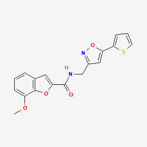 molecular formula C18H14N2O4S B2962439 7-methoxy-N-((5-(thiophen-2-yl)isoxazol-3-yl)methyl)benzofuran-2-carboxamide CAS No. 1210727-43-7