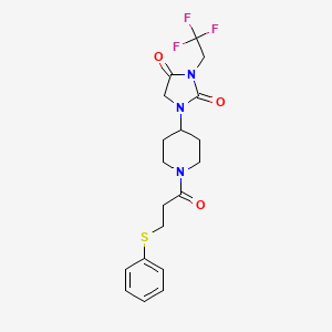 molecular formula C19H22F3N3O3S B2962443 1-{1-[3-(Phenylsulfanyl)propanoyl]piperidin-4-yl}-3-(2,2,2-trifluoroethyl)imidazolidine-2,4-dione CAS No. 2097868-31-8