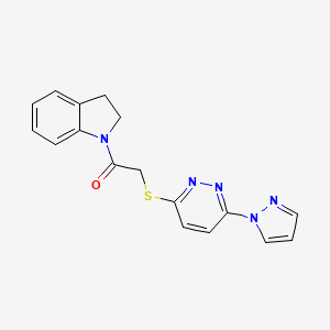 molecular formula C17H15N5OS B2962470 2-((6-(1H-pyrazol-1-yl)pyridazin-3-yl)thio)-1-(indolin-1-yl)ethanone CAS No. 1351647-44-3