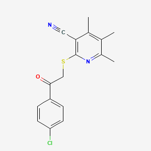 molecular formula C17H15ClN2OS B2962504 2-((2-(4-Chlorophenyl)-2-oxoethyl)thio)-4,5,6-trimethylnicotinonitrile CAS No. 313519-22-1