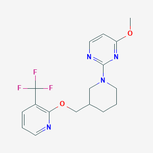 molecular formula C17H19F3N4O2 B2962516 4-Methoxy-2-[3-[[3-(trifluoromethyl)pyridin-2-yl]oxymethyl]piperidin-1-yl]pyrimidine CAS No. 2380069-04-3