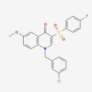 molecular formula C23H17ClFNO4S B2962517 1-[(3-Chlorophenyl)methyl]-3-(4-fluorophenyl)sulfonyl-6-methoxyquinolin-4-one CAS No. 866810-08-4