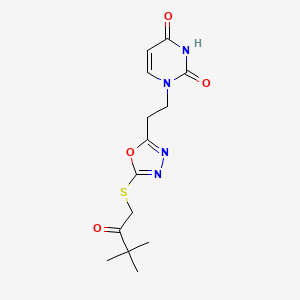molecular formula C14H18N4O4S B2962530 1-(2-(5-((3,3-dimethyl-2-oxobutyl)thio)-1,3,4-oxadiazol-2-yl)ethyl)pyrimidine-2,4(1H,3H)-dione CAS No. 946276-80-8