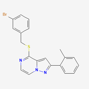 molecular formula C20H16BrN3S B2962534 4-[(3-溴苄基)硫代]-2-(2-甲基苯基)吡唑并[1,5-a]吡嗪 CAS No. 1207014-96-7