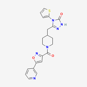 molecular formula C21H20N6O3S B2962543 3-((1-(5-(pyridin-3-yl)isoxazole-3-carbonyl)piperidin-4-yl)methyl)-4-(thiophen-2-yl)-1H-1,2,4-triazol-5(4H)-one CAS No. 2034363-89-6