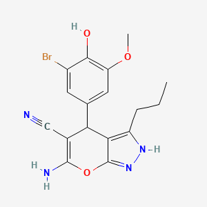 molecular formula C17H17BrN4O3 B2962601 6-amino-4-(3-bromo-4-hydroxy-5-methoxyphenyl)-3-propyl-1H,4H-pyrano[2,3-c]pyrazole-5-carbonitrile CAS No. 667404-58-2