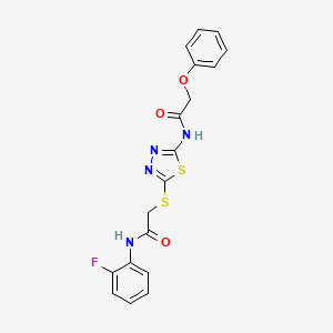 molecular formula C18H15FN4O3S2 B2962603 N-(2-fluorophenyl)-2-((5-(2-phenoxyacetamido)-1,3,4-thiadiazol-2-yl)thio)acetamide CAS No. 392298-02-1