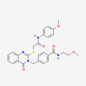 molecular formula C28H28N4O5S B2962748 N-(2-甲氧基乙基)-4-((2-((2-((4-甲氧基苯基)氨基)-2-氧代乙基)硫)-4-氧代喹唑啉-3(4H)-基)甲基)苯甲酰胺 CAS No. 1115360-62-7
