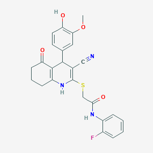 molecular formula C25H22FN3O4S B2962760 2-{[3-cyano-4-(4-hydroxy-3-methoxyphenyl)-5-oxo-1,4,5,6,7,8-hexahydroquinolin-2-yl]sulfanyl}-N-(2-fluorophenyl)acetamide CAS No. 865591-87-3