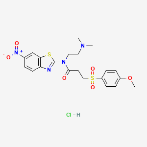 molecular formula C21H25ClN4O6S2 B2962819 N-(2-(二甲氨基)乙基)-3-((4-甲氧基苯基)磺酰基)-N-(6-硝基苯并[d]噻唑-2-基)丙酰胺盐酸盐 CAS No. 1216377-00-2