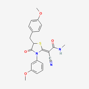 molecular formula C22H21N3O4S B2962852 (Z)-2-cyano-2-(5-(4-methoxybenzyl)-3-(3-methoxyphenyl)-4-oxothiazolidin-2-ylidene)-N-methylacetamide CAS No. 587014-02-6