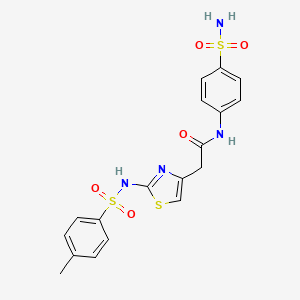 molecular formula C18H18N4O5S3 B2962968 2-(2-(4-methylphenylsulfonamido)thiazol-4-yl)-N-(4-sulfamoylphenyl)acetamide CAS No. 922101-46-0