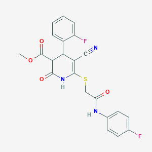 molecular formula C22H17F2N3O4S B2962986 Methyl 5-cyano-4-(2-fluorophenyl)-6-({2-[(4-fluorophenyl)amino]-2-oxoethyl}sulfanyl)-2-hydroxy-3,4-dihydropyridine-3-carboxylate CAS No. 370843-97-3