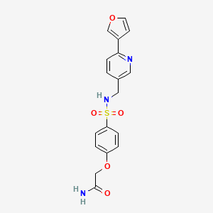 molecular formula C18H17N3O5S B2962987 2-(4-(N-((6-(furan-3-yl)pyridin-3-yl)methyl)sulfamoyl)phenoxy)acetamide CAS No. 2034466-50-5