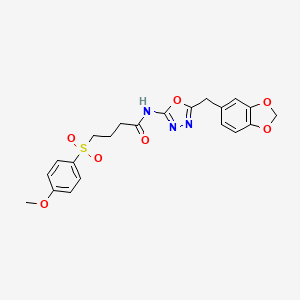 molecular formula C21H21N3O7S B2962989 N-(5-(benzo[d][1,3]dioxol-5-ylmethyl)-1,3,4-oxadiazol-2-yl)-4-((4-methoxyphenyl)sulfonyl)butanamide CAS No. 922091-82-5
