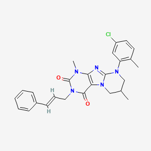 molecular formula C26H26ClN5O2 B2963014 9-(5-chloro-2-methylphenyl)-3-cinnamyl-1,7-dimethyl-6,7,8,9-tetrahydropyrimido[2,1-f]purine-2,4(1H,3H)-dione CAS No. 877617-31-7