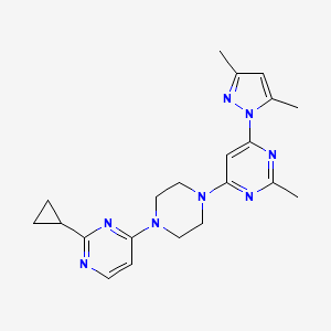 molecular formula C21H26N8 B2963047 4-[4-(2-Cyclopropylpyrimidin-4-yl)piperazin-1-yl]-6-(3,5-dimethylpyrazol-1-yl)-2-methylpyrimidine CAS No. 2415510-68-6