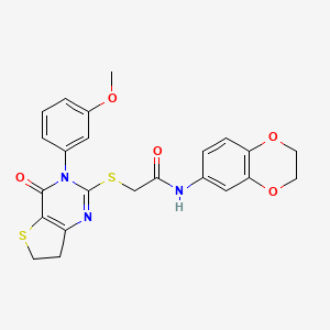 molecular formula C23H21N3O5S2 B2963072 N-(2,3-dihydrobenzo[b][1,4]dioxin-6-yl)-2-((3-(3-methoxyphenyl)-4-oxo-3,4,6,7-tetrahydrothieno[3,2-d]pyrimidin-2-yl)thio)acetamide CAS No. 877655-22-6