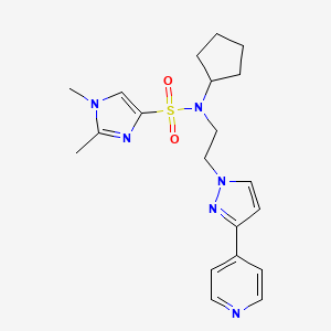 molecular formula C20H26N6O2S B2963073 N-环戊基-1,2-二甲基-N-(2-(3-(吡啶-4-基)-1H-吡唑-1-基)乙基)-1H-咪唑-4-磺酰胺 CAS No. 2034279-62-2