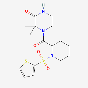 molecular formula C16H23N3O4S2 B2963080 3,3-Dimethyl-4-(1-(thiophen-2-ylsulfonyl)piperidine-2-carbonyl)piperazin-2-one CAS No. 1048679-85-1