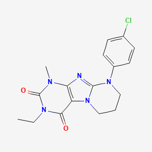 molecular formula C17H18ClN5O2 B2963107 9-(4-chlorophenyl)-3-ethyl-1-methyl-6,7,8,9-tetrahydropyrimido[2,1-f]purine-2,4(1H,3H)-dione CAS No. 849918-95-2