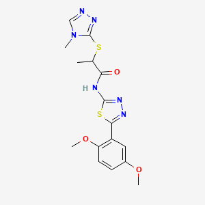 molecular formula C16H18N6O3S2 B2963165 N-[5-(2,5-dimethoxyphenyl)-1,3,4-thiadiazol-2-yl]-2-[(4-methyl-1,2,4-triazol-3-yl)sulfanyl]propanamide CAS No. 394235-74-6