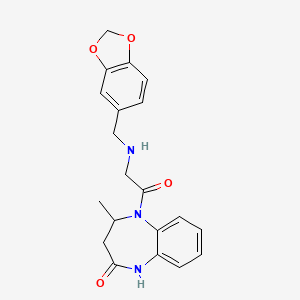 molecular formula C20H21N3O4 B2963167 5-{2-[(1,3-benzodioxol-5-ylmethyl)amino]acetyl}-4-methyl-1,3,4,5-tetrahydro-2H-1,5-benzodiazepin-2-one CAS No. 866156-80-1