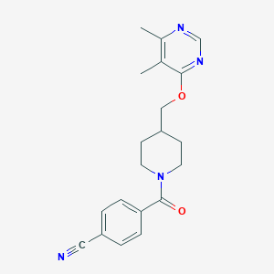 molecular formula C20H22N4O2 B2963172 4-(4-(((5,6-Dimethylpyrimidin-4-yl)oxy)methyl)piperidine-1-carbonyl)benzonitrile CAS No. 2310207-51-1