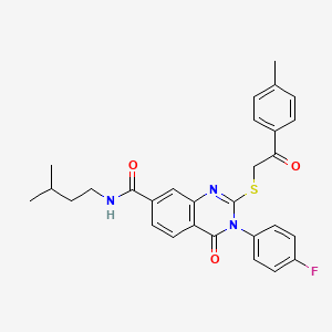 molecular formula C29H28FN3O3S B2963173 3-(4-fluorophenyl)-N-(3-methylbutyl)-2-{[2-(4-methylphenyl)-2-oxoethyl]thio}-4-oxo-3,4-dihydroquinazoline-7-carboxamide CAS No. 1113137-63-5