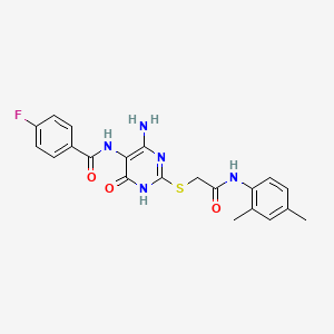 molecular formula C21H20FN5O3S B2963175 N-(4-amino-2-((2-((2,4-dimethylphenyl)amino)-2-oxoethyl)thio)-6-oxo-1,6-dihydropyrimidin-5-yl)-4-fluorobenzamide CAS No. 888416-79-3
